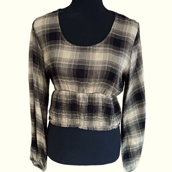 Sim & Sam plaid lightweight black/tan flannel crop top size M - Picture 1 of 6
